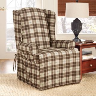 Sure Fit Soft Suede Plaid Wing Chair Slipcover Chocolate   39236