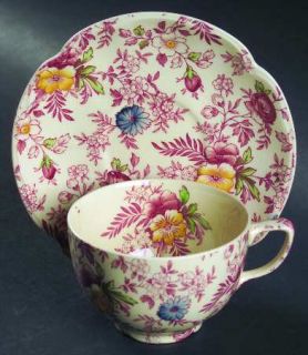 Johnson Brothers Old English Chintz Pink/Multicolor Flat Cup & Saucer Set, Fine