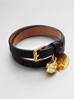 Alexander McQueen Skull Double Wrap Leather Bracelet   Black