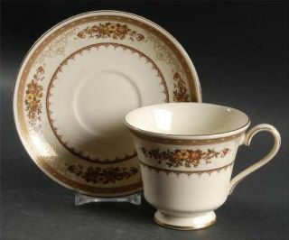 Minton Roxburgh Brown Footed Cup & Saucer Set, Fine China Dinnerware   Gold On B