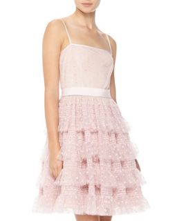 Dotted Tulle Tiered Fit And Flare Dress, Peach