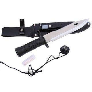 Defender 13 inch Survival Hunting Knife With Survival Kit (Black/silver Blade materials Stainless steel Handle materials Plastic Blade length 8 inches Handle length 5 inches Weight 1.5 pounds Dimensions 13 inches long x 7 inches wide x 4 inches high
