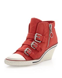 Canvas Buckled Wedge Sneaker, Coral