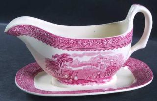 Royal Staffordshire Jenny Lind Pink(Off White Background) Gravy Boat with Attach