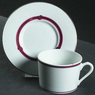 Christofle Rubanea Red (Knots) Flat Cup & Saucer Set, Fine China Dinnerware   Re