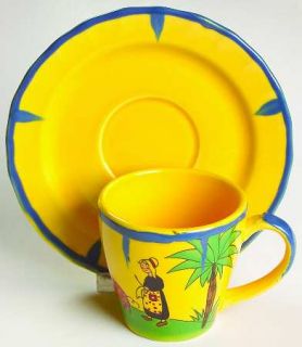Haldon Soleil Yellow & Blue Flat Cup & Saucer Set, Fine China Dinnerware   Yello