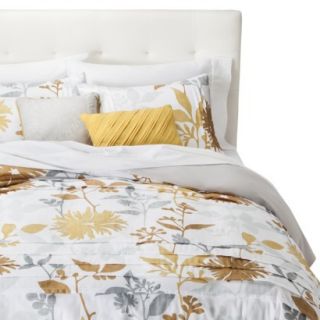 Felicity Pleated Floral Duvet Set   White/Gold (Queen)