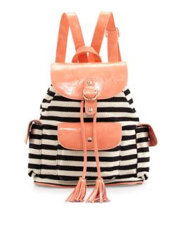 Striped Canvas Combo Drawstring Backpack, Black/Coral