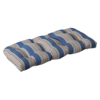 Pillow Perfect Outdoor Blue/ Tan Stripe Wicker Loveseat Cushion (Blue/tanPattern StripeMaterials 100 percent polyesterFill 100 percent virgin polyester fiberClosure Sewn seam Weather resistantUV protectedCare instructions Spot clean Dimensions 44 in