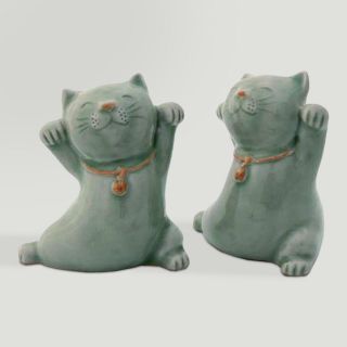 Novica Good Luck Cats (pair) Celadon Ceramic Statuettes   World Market