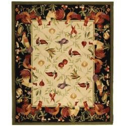 Hand hooked Roosters Ivory/ Black Wool Rug (89 X 119)