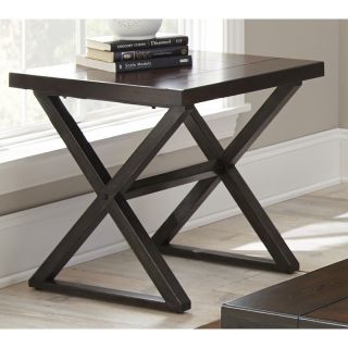 Oldham Trestle End Table (Metal, hardwood, birch veneersWood finish Brown with burnished edgesMetal finish Heavily textured dark greyEnd table dimension 24 inches high x 24 inches wide x 24 inches deepSome assembly required. This product ships in one (