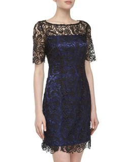 Short Sleeve Lace Dress, Black/Blue
