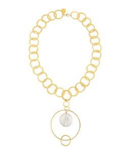 Hammered Gold Circular Shell Pendant Necklace, White