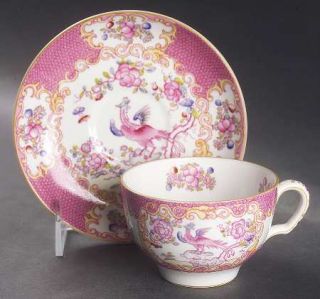 Minton Cockatrice Pink(Smooth,Wreath Backstamp) Flat Cup & Saucer Set, Fine Chin