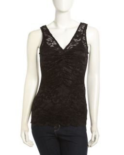 Ruched Lace Sleeveless Top, Black