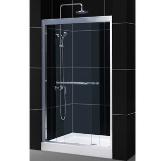 Dreamline Duet 44 48x72 inch Frameless Bypass Sliding Shower Door (Tempered Glass, AluminumOptional SlimLine shower base availableIntended use IndoorTempered glass ANSI certifiedAssembly requiredNote If purchasing a separate shower base, be advised that