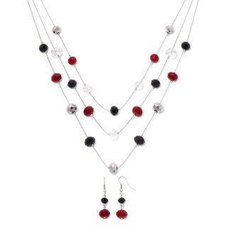 Red, Jet & Clear Bead Triple Drop Necklace & Earrings Set