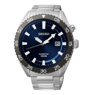 Seiko Mens Blue Dial Silver Tone Stainless Steel Kinetic Watch