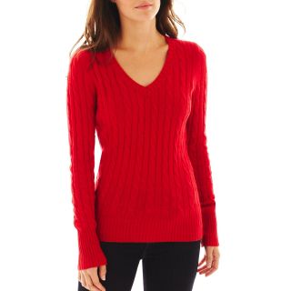 Wool Blend Cable Knit V Neck Sweater, Red, Womens