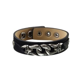 Mens Stainless Steel Link & Black Leather Bracelet, White