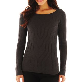 LIZ CLAIBORNE Long Sleeve Ribbed Sweater, Charcoal Heather, Womens