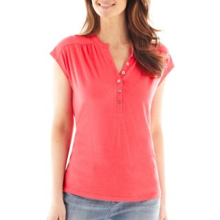 LIZ CLAIBORNE Extended Shoulder Henley Tee, Red, Womens
