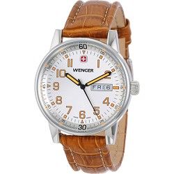 Wenger Mens Commando Day Date XL Watch   Silver Dial/Brown Leather Strap