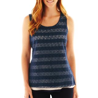 Susan Lawrence Lace Overlay Striped Tank Top, Navy/ntr Cmb, Womens