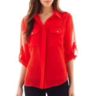 Como Black 3/4 Roll Sleeve Button Front Shirt   Petite, Red