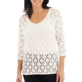 Lark Lane Geometric Chic Open Weave Sweater, White, Womens