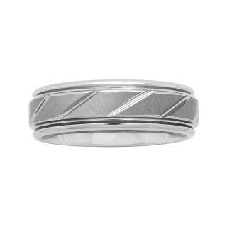 Mens 7mm Comfort Fit Tungsten Carbide Diagonal Groove Wedding Band, White