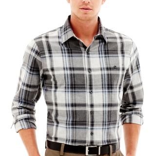 CLAIBORNE Plaid Button Front Shirt, Grey, Mens