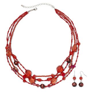 Red 4 Row Necklace & Earrings Set
