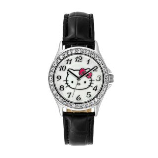 Hello Kitty Rhinestone Bezel Leather Strap Watch, Womens