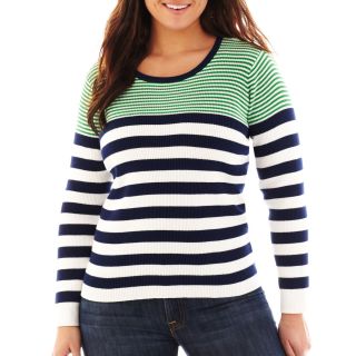 LIZ CLAIBORNE Long Sleeve Ribbed Striped Sweater   Plus, Fern Leaf Multi, Womens