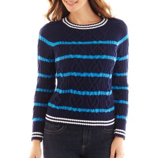 LIZ CLAIBORNE Long Sleeve Cable Striped Sweater, Am Navy Multi, Womens
