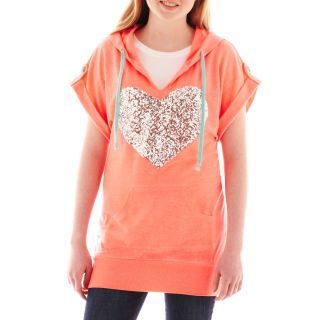 Misschievious Short Sleeve Hoodie Pullover, Fl Coral/heart, Womens