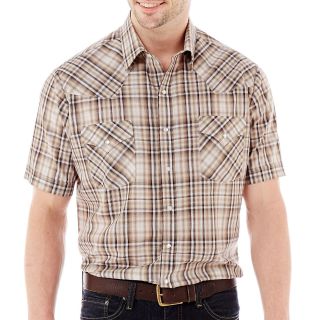 Ely Cattleman Short Sleeve Plaid Snap Shirt, Tan, Mens