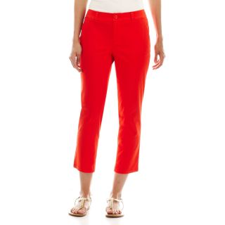 Flat Front Twill Cropped Pants, Red, Womens