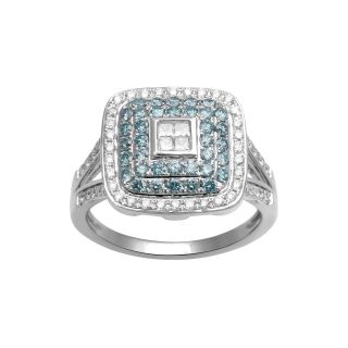 1 CT. T.W. White and Color Enhanced Blue Diamond 14K White Gold Square Ring,