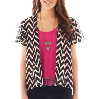 Spoiled Print Chiffon Cardigan with Racerback Tank and Necklace, Blk/wht