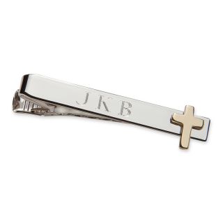 Personalized Tie Bar w/ Gold Tone Cross, Silver, Mens