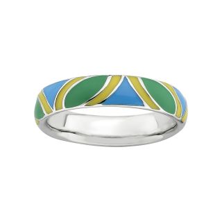 Sterling Silver Blue, Green & Yellow Enamel Ring, Blue/White, Womens