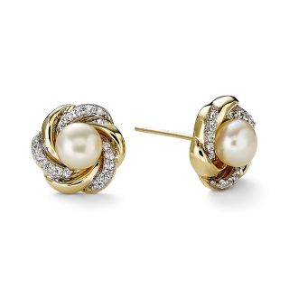 Cultured Freshwater Pearl & White Sapphire 10K Gold Swirl Earrings, Womens