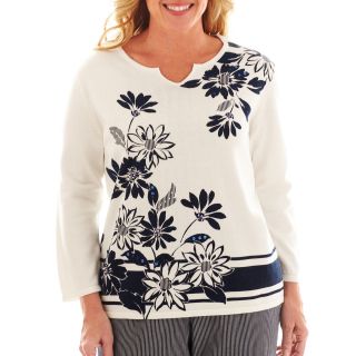 Alfred Dunner Secret Garden Border Striped Floral Layered Sweater   Plus, Womens