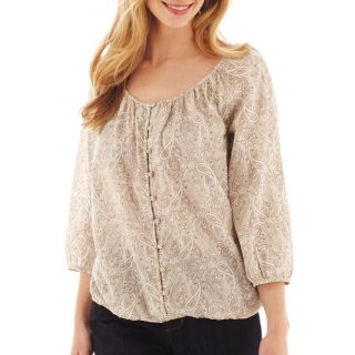 St. Johns Bay St. John s Bay 3/4 Sleeve Button Front Peasant Top   Tall, Stone