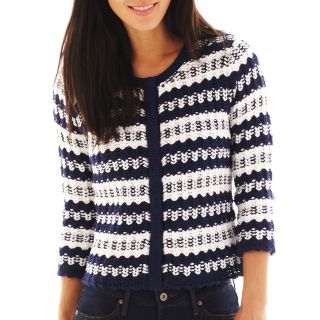 LIZ CLAIBORNE Long Sleeve Tuck Stitch Striped Cardigan Sweater   Talls, Am Navy