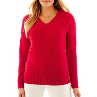 LIZ CLAIBORNE Long Sleeve V Neck Cable Knit Sweater, Fiesta Rose, Womens