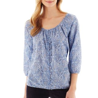 St. Johns Bay St. John s Bay 3/4 Sleeve Button Front Peasant Top   Tall, Blue